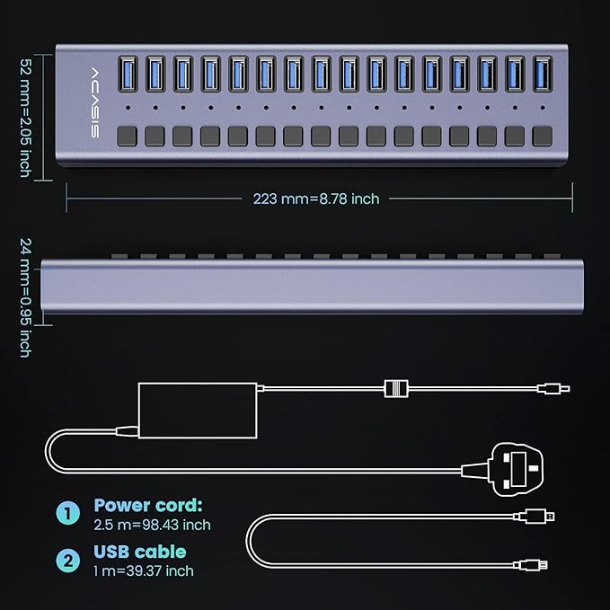 Powered USB Hub - ACASIS 16 Ports 90W USB 3.0 Data Hub - with Individual On/Off Switches and 12V/7.5A Power Adapter USB Hub 3.0 Splitter for Laptop, PC, Computer, Mobile HDD, Flash Drive and More
