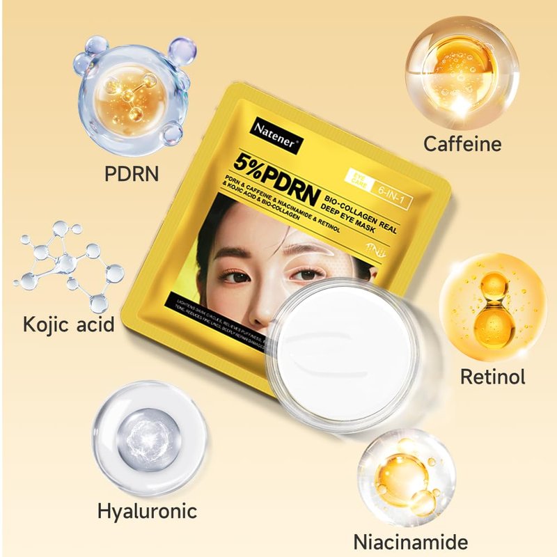 8 Pairs 5% PDRN Under Eye Patches, 6-in-1 Bio-Collagen 360° Eye Patches for puffy eyes, dark circles & Wrinkle | 2% Caffeine, Kojic acid, Retinol, Hyaluronic, Niacinamide | Korean Eye Care