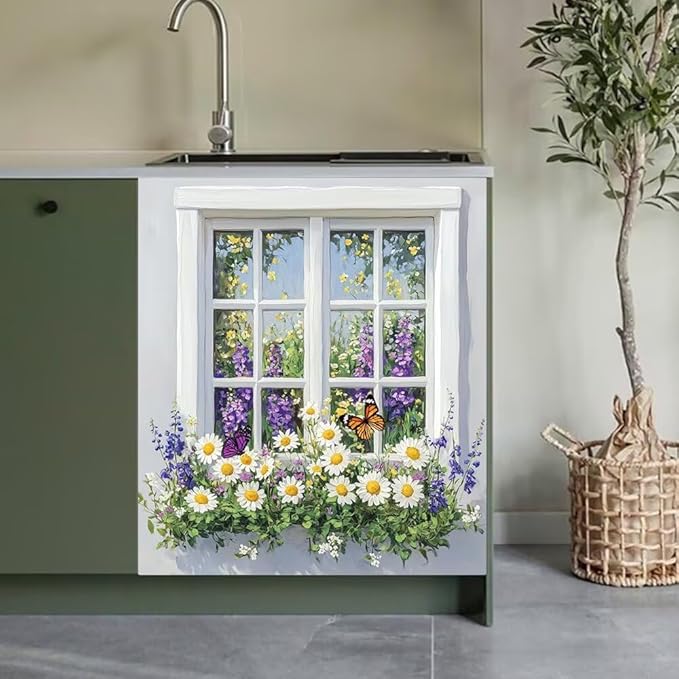 Kitchen Decor Dishwasher Magnet Cover Decal, Floral Window Garden with Daisies and Butterfly, Magnetic Dish Washer Panel Door Vinyl Sticker, Refrigerator Magnets,Easy to Clean, 23 x 26 inch
