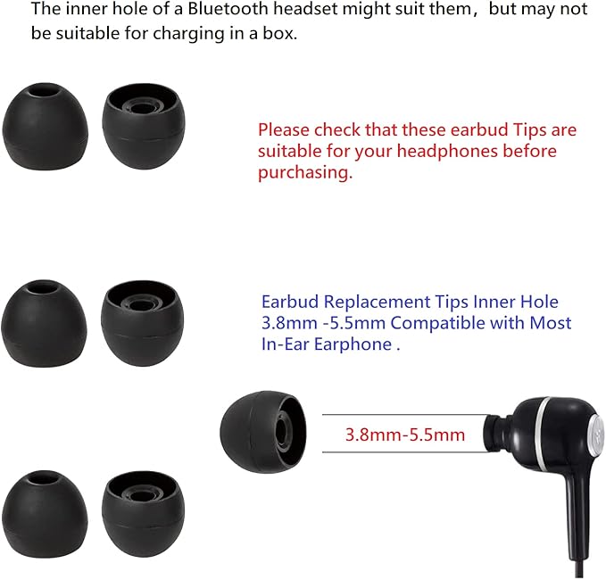 CYADCI 36 Pieces Large Earbud Tips Soft and Comfortable Silicone Earbud Tips Ear Bud Replacement Pieces Silicone Fit Most in-Ear Headphones，Inner Hole 3.8mm -5.5mm，Large Black Earbuds Silicone Tips