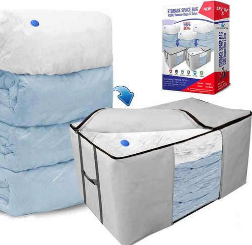 Cube Vacuum Storage Bags - Premium Space Saver Totes with Compression Seal for Clothing & Bedding | Jumbo Organizer for Comforters, Blankets & Pillows