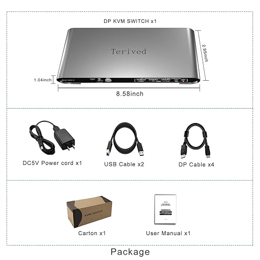 Terived 2 Port DP USB 3.0 Automatic KVM Switch Dual Monitor 4K@144Hz Two Computers Two DisplayPort Monitors switcher, 8K@30Hz, Aluminum hotkey Audio mic, Digital Display, HDR10 with Cables