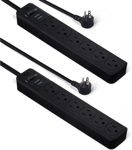 Amazon Basics Rectangle 6-Outlet Surge Protector Power Strip with Circuit Breaker, 600 Joule, 2ft Cord, Black, 2-Pack