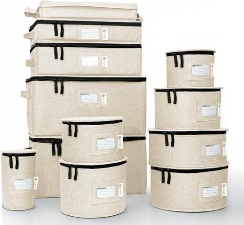 China Storage 12-Piece Hard Shell Container Set - Sturdy Dish Organizer for Dinnerware, Glasses & Mugs - Beige