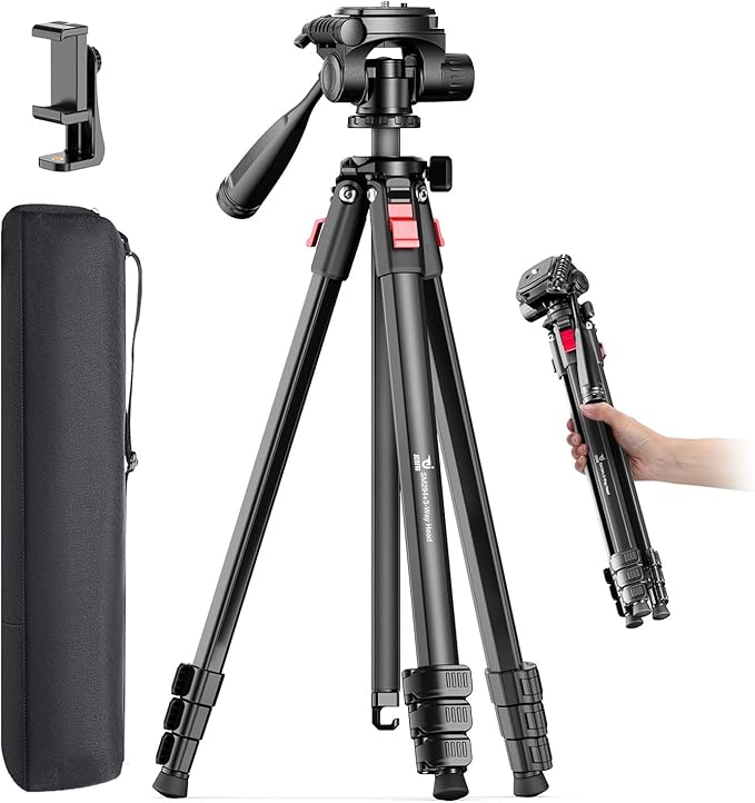 JOBFRI 68" Lightweight Camera Tripod Stand, Compact Portable Travel Aluminum Tripod for DSLR/SLR, Compatible with Canon/Nikon/Phone (Supports 8.8 lbs, Weighs 2.46 lbs) Black