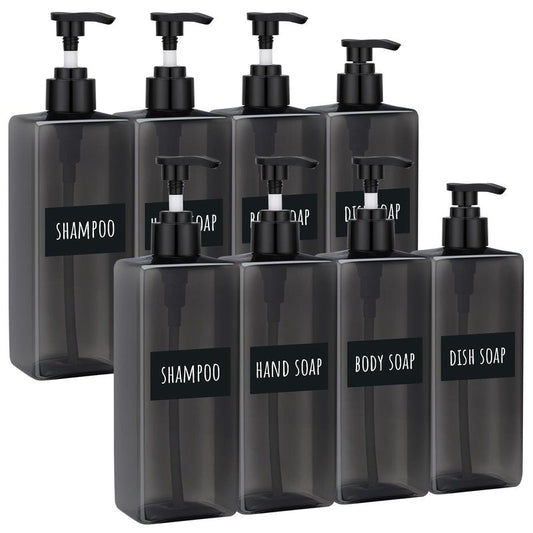 Segbeauty 16.9oz Refillable Bottles, 8pcs 500ml Shampoo and Conditioner Set with Labels, Gray Empty Shampoo Body Soap Conditioner Pump Bottle Dispenser Plastic Bathroom Press Lotion Dispenser