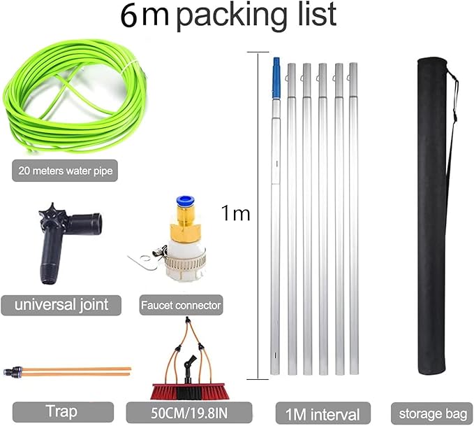 6 Meter / 20Feet Extending Telescopic Water Fed Home Windows Car Vans Brushs Wash Brush Cleanerï¼50cm Brush 6m Poleï¼