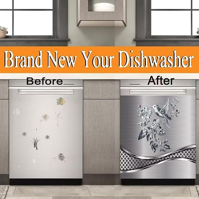 Magnetic Dishwasher Stickers Cover for Front Door,Brushed Silver Stainless Steel Design Bird and Flower Pattern Refrigerator Magnetic Cover Kitchen Decor,Home Appliance Vinyl Sticker 23W x 26H inchs