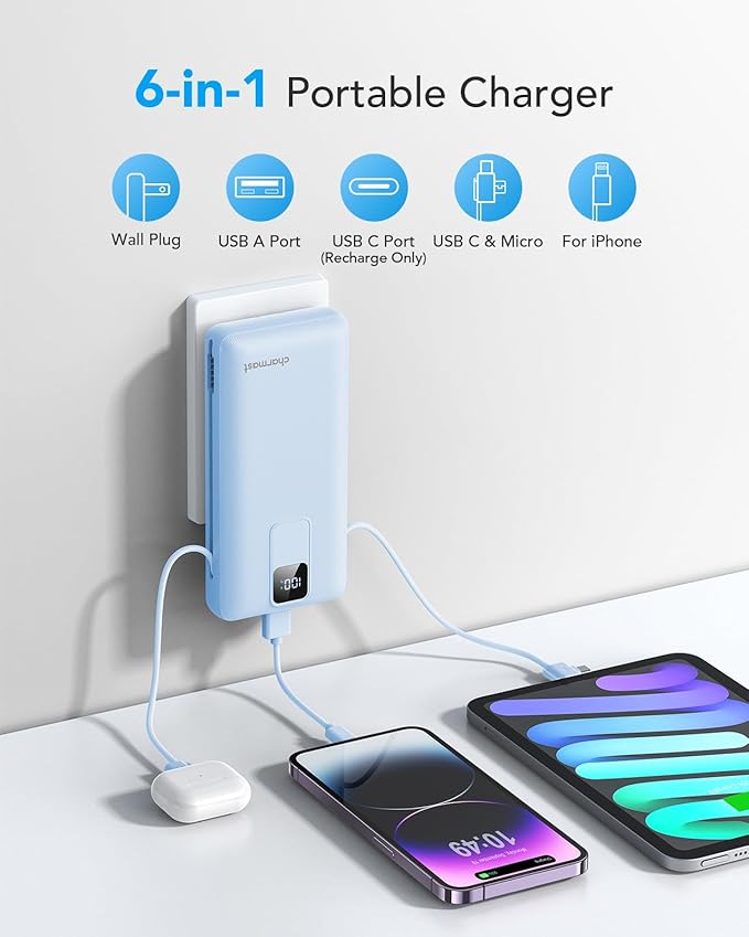 charmast Portable Charger with Built-in Cables and Wall Plug, 20000mAh 20W USB C Power Bank Fast Charging Battery Pack Compatible with iPhone iPhone 16/15/14/13 Series, Samsung Google iPad etc