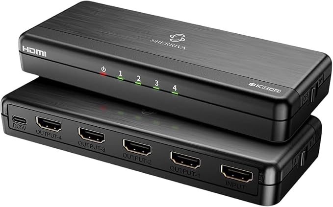 8K HDMI Splitter 1 in 4 Out (Mirror Only) – HDMI 2.1 8K@60Hz, 4K@240Hz DSC, 4K@120Hz, Auto Downscaling, 48Gbps, HDCP 2.3, Duplicate Screens for Multiple Monitors, TV, PS5, Xbox