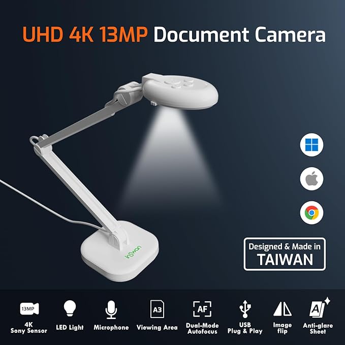 INSWAN INS‑2 4K USB Document Camera – 13MP, Dual Auto‑Focus, LED Light & Mic – Plug & Play for Mac, Windows, iPad, Chromebook – A3 Capture – Ideal for Teachers & Classrooms, White