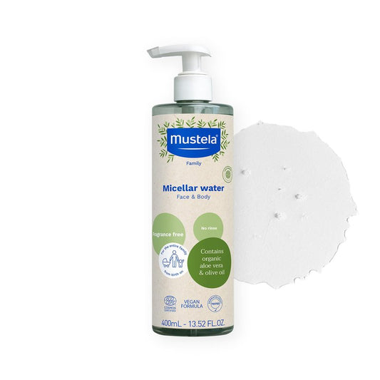 Mustela Certified Organic Micellar Cleansing Water -No-Rinse Natural Water Cleanser w/Olive Oil & Aloe Vera - For Baby, Kid & Adult - Fragrance Free, EWG Verified & Vegan -13.5 oz-Packaging may vary