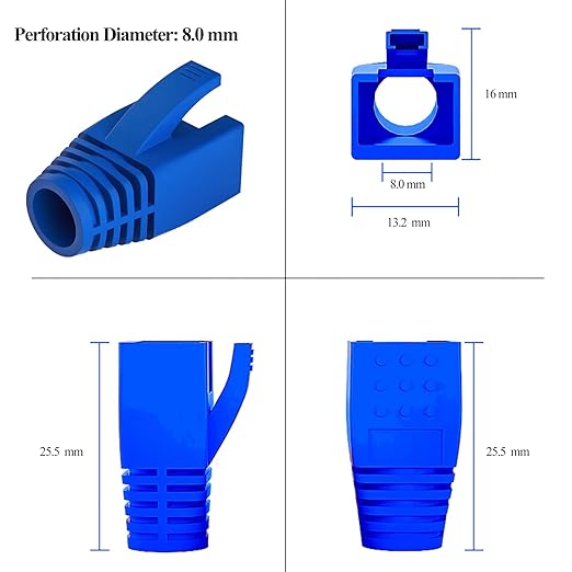JODROAD 50-Pack RJ45 Boot Cover, Cat6A Cat7 Ethernet Network Cable Strain Relief Boot for 6.5-8.0mm Ethernet Cable (Hole Diameter: 8.0mm, Blue)