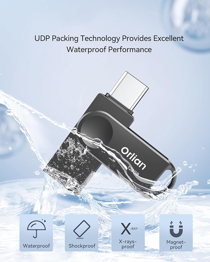 Orlian 2PCS 128GB USB C Flash Drive for Phone, Dual USB 3.0 Phone Thumb Drive Type-C & USB-A, up to 110MB/S Metal Waterproof Swivel Memory Stick for iPhone 15/16/17, Android, Tablet, Computer PC