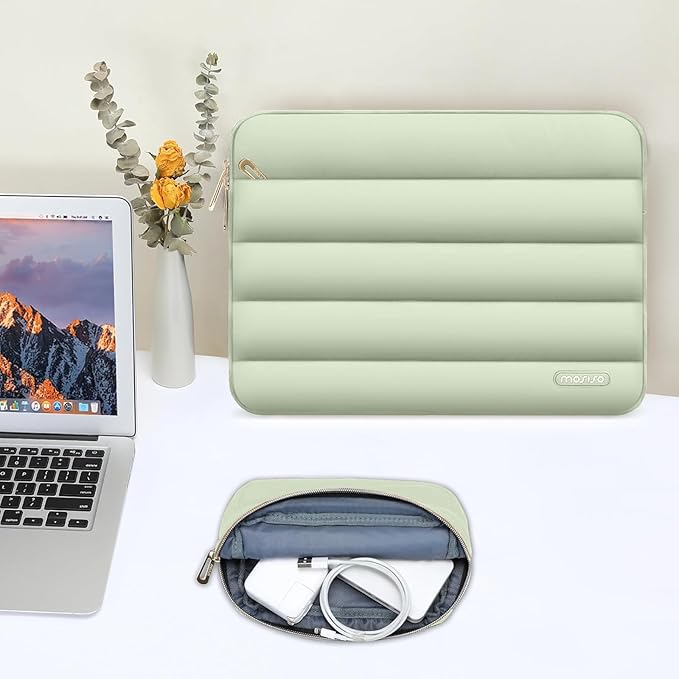MOSISO Laptop Case 13.3 inch,13-13.3 inch Puffy Laptop Sleeve Compatible with MacBook Neo/Air 13.6 M5 M4 M3 M2 M1/Pro 13/14,HP Dell ASUS Lenovo,Polyester Horizontal Bag with Small Case, Sage Green