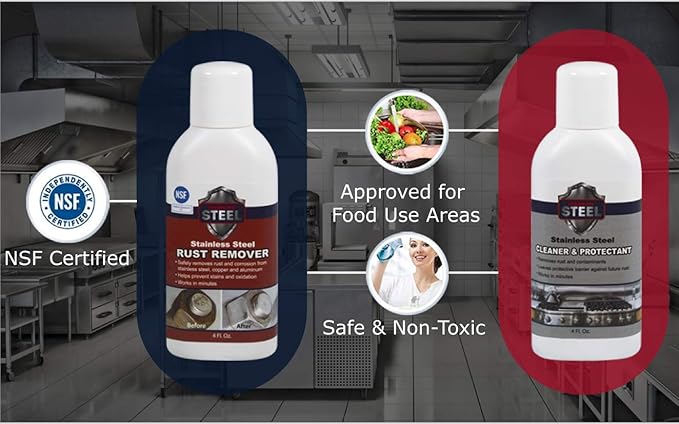 CLEAN MY STEEL â Stainless Steel Rust Stain Remover Kit with Protector â Fast Acting for Commercial Equipment Rust Cleaner for Appliances, Grills & More â Food-Safe Stainless Steel Cleaner (4 oz)