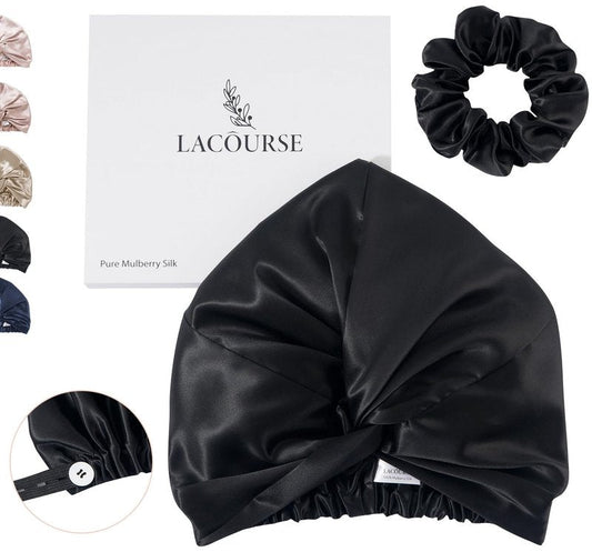 LaCourse Anti-Slip Adjustable Real 22 Momme 100% Mulberry Silk Bonnet with Scrunchie for Sleeping Women, Double-Layered Silk Hair Bonnet for Curly Hair, One Size (21-24 inch Head Size), Taupe