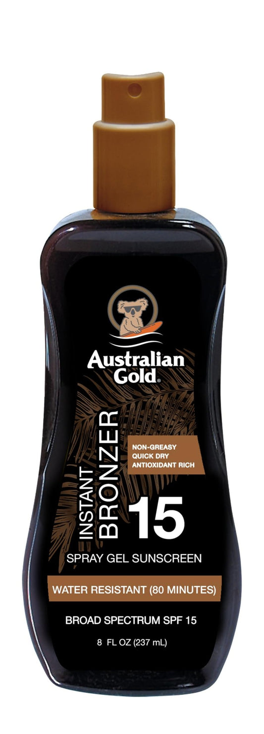 Australian Gold Spray Gel Sunscreen with Instant Bronzer SPF 15, 8 Ounce | Moisturize & Hydrate Skin | Broad Spectrum | Water Resistant | Non-Greasy SPF 15 8 Fl Oz (Pack of 1)