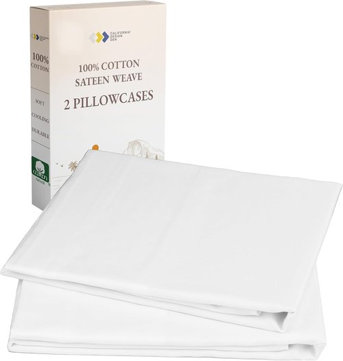 California Design Den Pillowcases - 100% Cotton Soft Sateen Weave, Set of 2 for Queen & Standard Pillows - Bright White