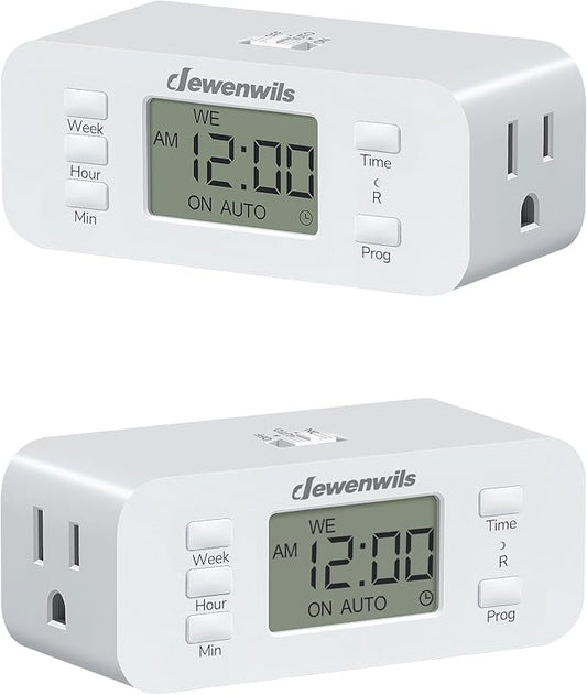 DEWENWILS 7 Day Heavy Duty Timers for Electrical Outlets, 2 Pack Dual Outlet Digital Timer, 3 Prong Programmable Light Timer for Indoor Lamp, Light, Fan, Pets, Home, Kitchen, Office, 125V 60Hz