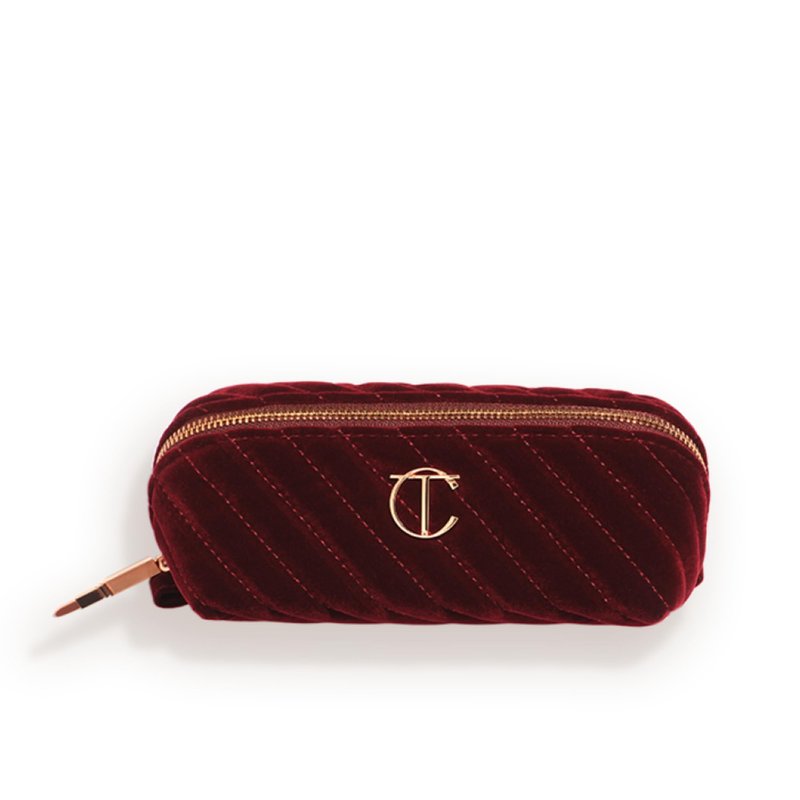 Charlotte Tilbury Mini Travel Makeup Bag of My Dreams - Quilted Velvet Skincare, Fragrance & Cosmetic Organizer with 2 Compartments & Zip Pocket - Iconic Night Crimson Toiletry Bag