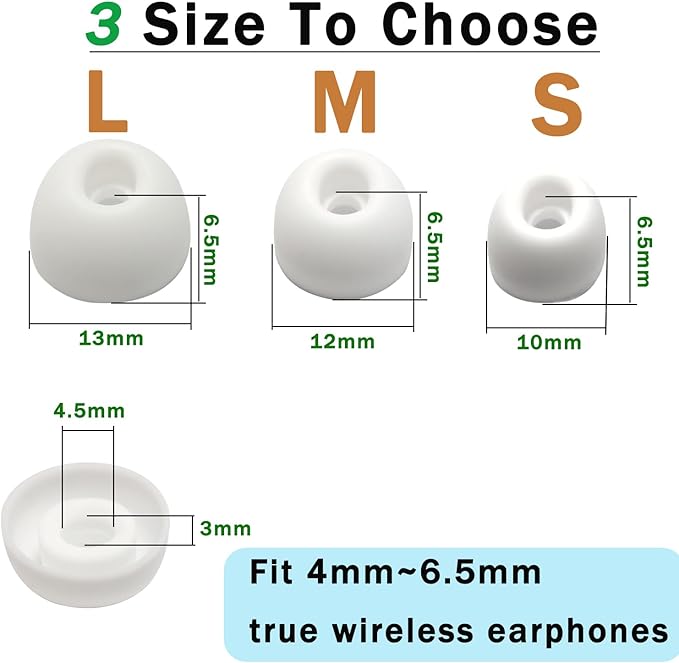 Universal Silicone Ear Tips/Oval Earbuds Tips Replacement for 4.0-7mm Nozzles - 6 Pairs (L/M/S) for Secure Fit & Noise Isolation, White