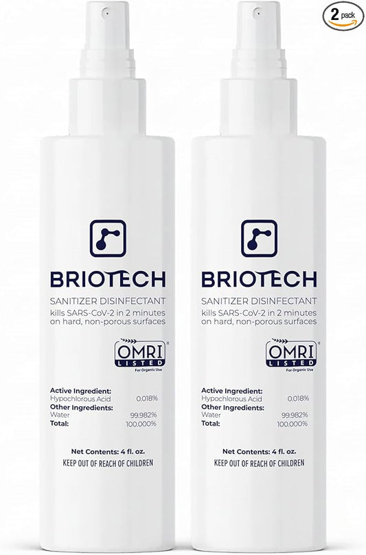 BRIOTECH Sanitizer Disinfectant Hypochlorous Spray, Kill 99.99% of Viruses & Bacteria, Control Mold, Eliminate Odor, Gentle for Nursery & Play Rooms, Food Contact Surface Sanitizer, 4 fl oz (2 Pack)