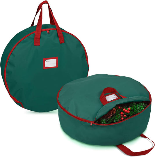 Primode Christmas Wreath Storage Bag - 24" Artificial Wreath Container with Dual Zipper & Sturdy Handles | 2-Pack, Green