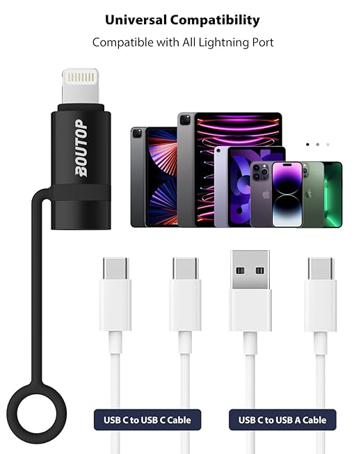 BOUTOP [MFi Certified] 36W USB C to Lightning Cable Adapter, Support Data Sync/PD Fast Charging Compatible with iPhone iPad AirPods, with Anti-Lost Holder - Black 3 Pack