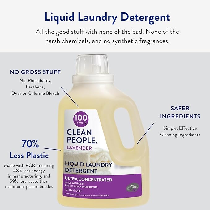 The Clean People Liquid Laundry Detergent - Recyclable Packaging, Stain Fighting - Ultra Concentrated, Laundry Soap - Lavender, 200 Loads