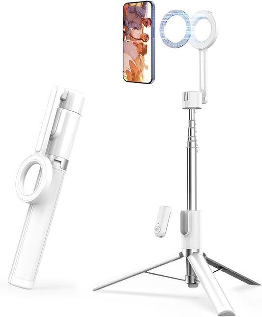 SEAJIC Magnetic Phone Tripod for iPhone 54" Selfie Stick Tripod with Remote and Metal Ring, Phone for Video Recording, Cell Phone Mount Stand for Cellphone (White, 54in)