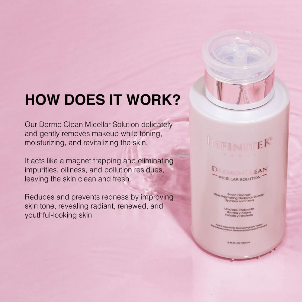 Infinitek Paris Dermo-Clean Micellar Water | Gentle Micellar Cleansing Water & Waterproof Eye Makeup Remover Liquid | Alcohol & Fragrance-Free | 8.45 fl oz / 250 ml