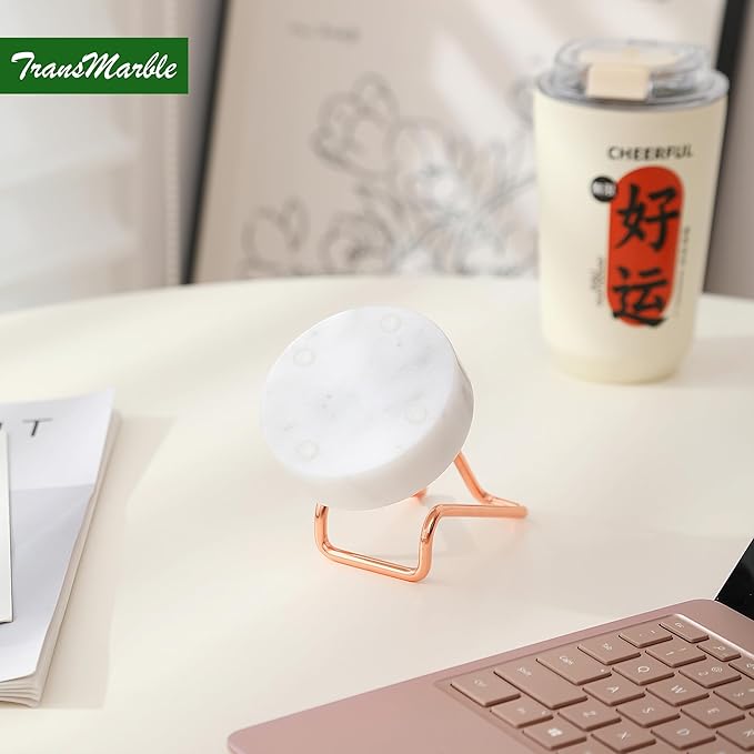 TransMarble Marble Phone Stand with Metal Holder, Charging Available While Using, Swipe Up to Unlock, Made of Natural Marble as Business Card Holder for Office Desk (Starry White + Rose Gold)