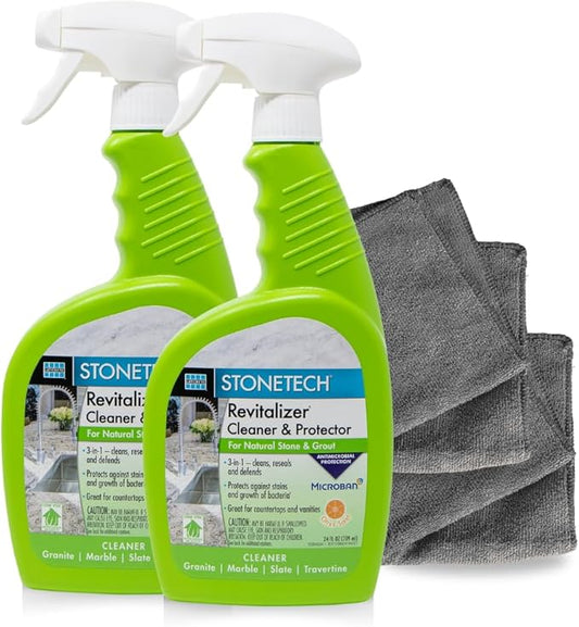 StoneTech Revitalizer Cleaner and Protector | Natural Stone Cleaner | Marble, Quartz, Granite Countertop Cleaner | 3-in-1 Cleans and Reseals | 2-Pack 24 oz Spray + Microfibers, Citrus Scent