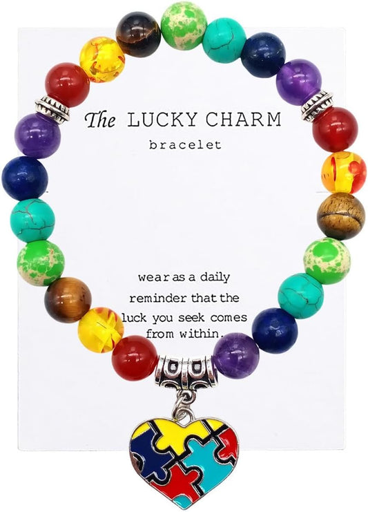 Regine Switzerland Autism Awareness 7 Chakra Gemstone Bracelet - Heart & Puzzle Design for Yoga & Meditation