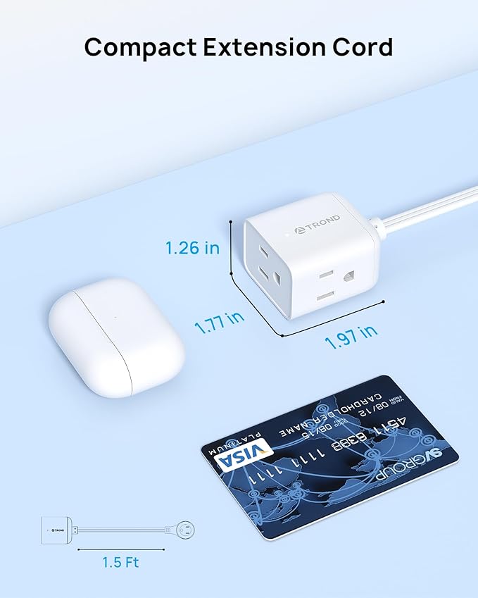 TROND Short Extension Cord 1.5ft with 360° Rotating Flat Plug, ETL Listed Low Profile Power Strip, Three Prong 3 Way Grounded Outlets, 13A, SPT 16/3 AWG for Indoor Home Office Cruise Travel, White