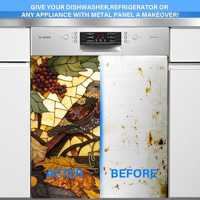 Stained Glass Bird Dishwasher Door Panel Decal Cover, Stained Glass Art Dishwasher Full Door Cover Sunflower Grape Dishwasher Sticker - 23" W x 26" H Ordinary