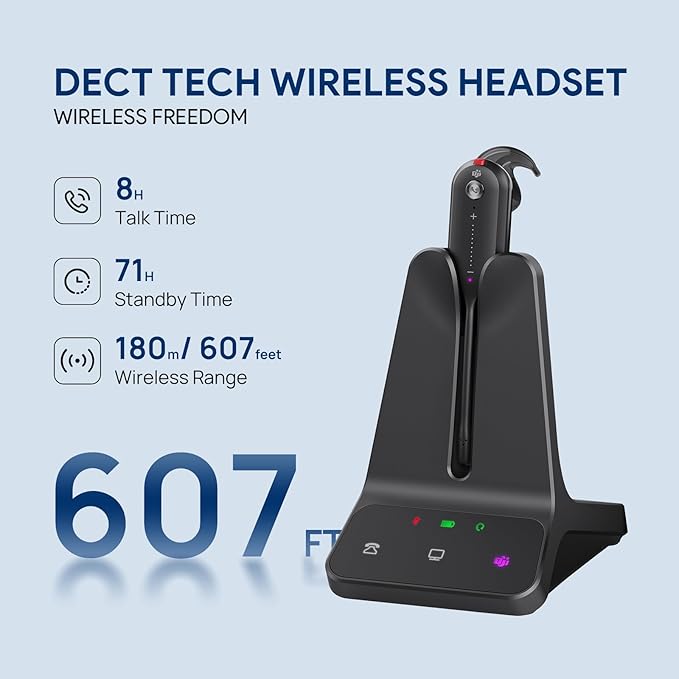 Yealink DECT Wireless Headset WH63 E2,Teams Certified,Single Ear(Mono) Office Headset for Desk Phone and Computer Softphone,3 Wearing Styles,Noise Cancelling Mic,607Ft Range