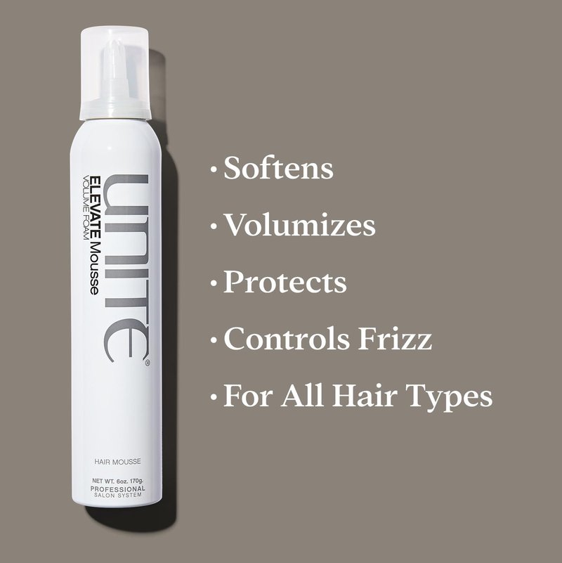 UNITE Hair – ELEVATE Mousse – Weightless Styling Foam for Full-Bodied Volume, Shine & Flexible Hold – Frizz-Free Finish – UV & Thermal Protection – 6 Oz