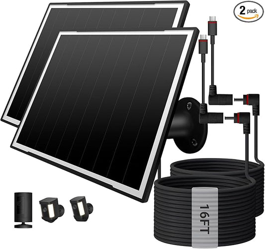2 Pack Solar Panel for Ring Camera/Wyze Cameras, 8W Solar Charger Compatible with Stick Up Cam Pro/Plus & Spotlight Cam (Battery) Plus/Pro - Waterproof, 16ft Long Cable, DC3.5mm & USB C Ports, Black