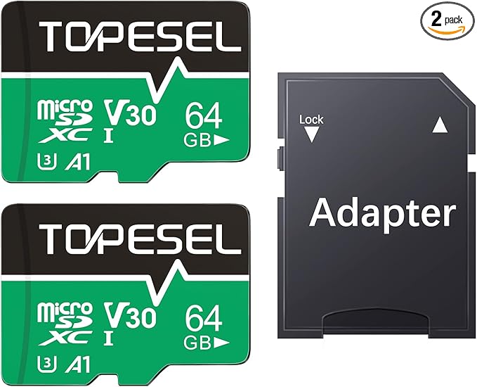 TOPESEL 64GB Micro SD Card 2 Pack with Adapter, High Speed TF Card, Memory Card microSDXC for Camera, Smartphone, Tablet, Dash Cam, Drone, UHS-I, U3, A1, V30(64G 2Pack)