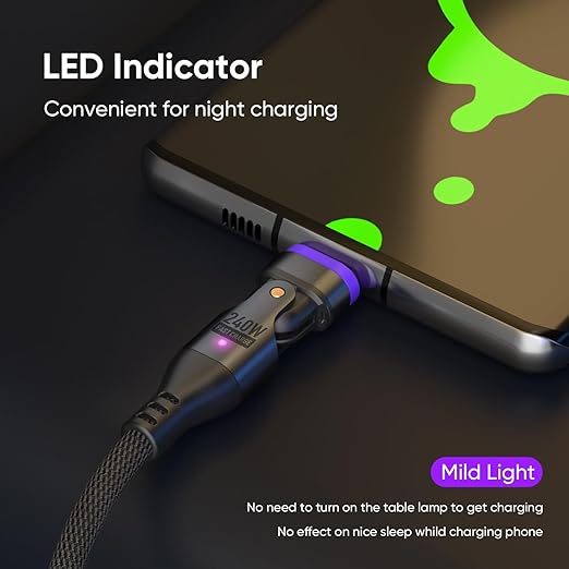 Bojianxin 240W Magnetic Charging Cable ，180°Rotating USBC to USB C Magnetic Data Cable ，Micro USB Phone Fast Charger Cable Data Transfer for Laptop/Tablet/Smart Phone (6ft)