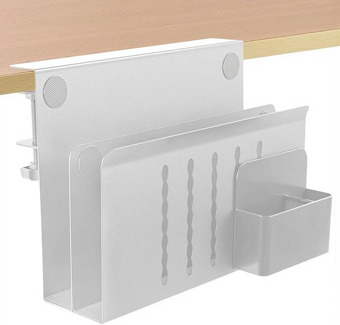 osseph 2 Tier Desk Side Storage Organizer, Under Desk Laptop Holder with Magnetic Pen Holder, No Drill Hanging Desks Caddy for Office & Home, Clamp On Desk Shelf for Tablet, Files, Accessories(White)
