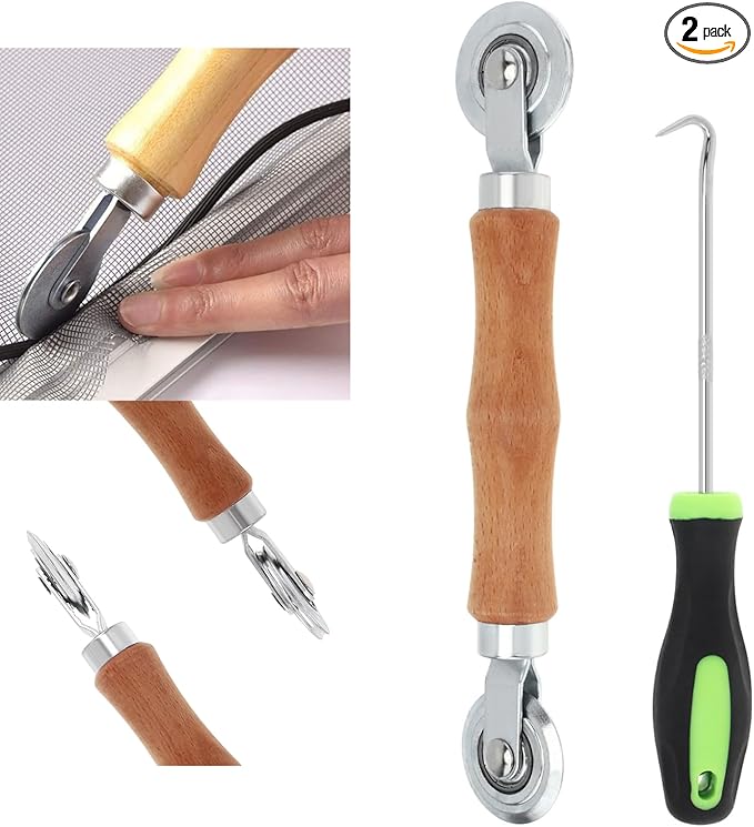 HOJLKLD Screen Repair Kit, Screen Roller Tool with Bearing Spline Roller Wooden Handle and Puller Hook for Installing Door Screen Window, 2 in 1 Screen Roller Tool Kit
