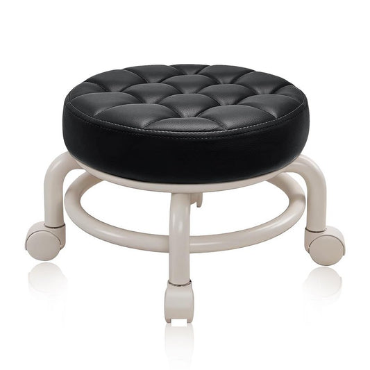 HPONQIONE Round Rolling Low Stool- PU Leather Low Stool 360° More Comfortable Swivel with Thickened Sponge Cushion for Nail Salon, Pedicure, SPA and Home (Black)