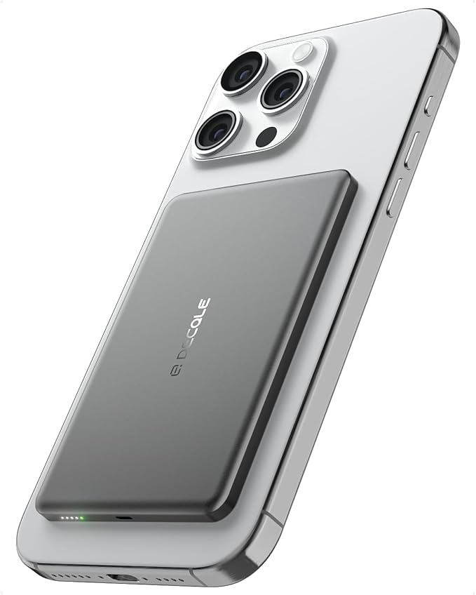 decqle “Air” Power Bank for MagSafe 5000mAh, Ultra Slim Magnetic Wireless Portable Battery Charger Case with USB-C Cable, Compatible with iPhone 17/16/15/14/13/12 Series Only (Grey)