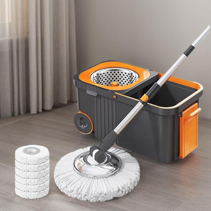 360 Spinning Floor Cleaning System with 6 Extra Refills Heads Extended Handle Household Cleaning Automatic Cleaning with Bucket for Household Floor Cleaning (Grey Orange)