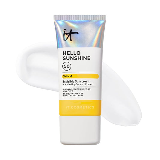 IT Cosmetics Hello Sunshine Invisible Sunscreen for Face SPF 50 - Sunscreen, Hydrating Serum & Makeup Primer - 1% Pro-Vitamin B5 & Hyaluronic Acid - HSA/FSA Eligible - No White Cast - 1.69 fl oz