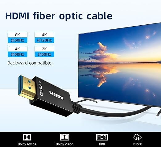 Kirzi 8K HDMI Fiber Optic Cable 15ft, 4K120 8K@60Hz HDMI 2.1 Cable, 48Gbps Ultra High Speed Slim HDMI Optical Audio Cable HDMI Cord, eARC HDR10 HDCP 2.2 Compatible with PS5 Xbox TV Projector.