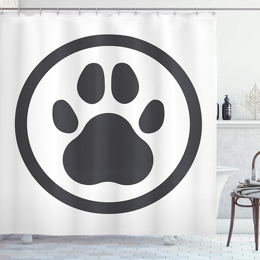 Ambesonne Dog Paws Shower Curtain, Logo of a Pet Foot Print on Plain Background Symbolic Pet Care Design, Cloth Fabric Bathroom Decor Set with Hooks, 69" W x 75" L, Dark Grey and White